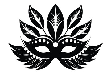Ornate Carnival Mask Design with Feathers, Black and White Vector Silhouette for Masquerade Events