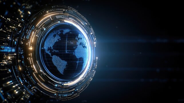 Wide-angle view of Earth at night reveals digital connections across cities, highlighting global technology and connectivity among people - Powered by Adobe