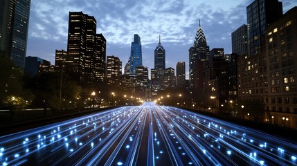 Philadelphia's dusk cityscape glows with blue light trails, showcasing modern tech in a vibrant Cyberpunk style