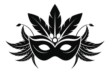 Festive Masquerade Icon with Large Feathers, Black and White Pictogram for Party Invitations and Posters
