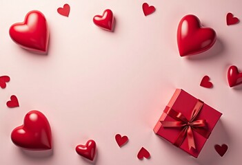 Valentine&rsquo;s Day flat lay, red hearts, gift box with ribbon, light pastel background, minimal style, top view, copy space, ultra realistic