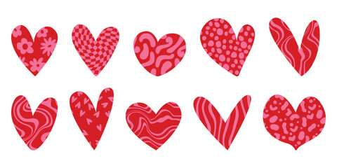 Set of different hand drawn textured heart shapes. Red heart Love symbol with various abstract patterns for Valentines Day. Vector art illustration isolated on white background