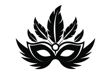 Masquerade Ball Mask with Feather Accents, Monochrome Silhouette Vector for Theater and Art Projects