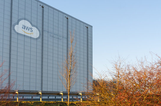 Large scale Amazon AWS AI cloud Datacenter building on a sunny day