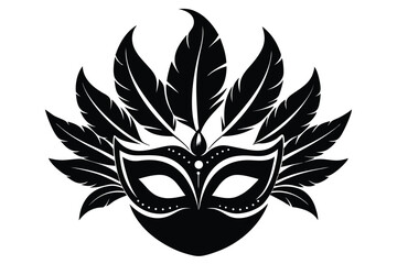Classic Venetian Carnival Mask with Feathers, Black and White Vector Iconography for Travel and Tourism