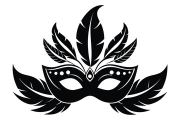 Carnival Celebration Mask Pictogram with Feathers, Black and White Graphic Illustration for Social Media