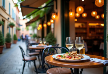  outdoor tapas table, Mediterranean ambiance, warm tones