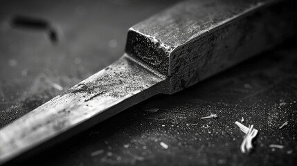 A closeup of a chisels blade showcasing its razorsharp edge. Black and white art
