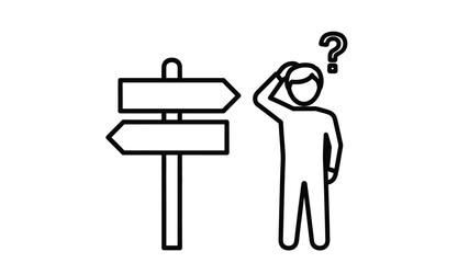 A confused person stands near a signpost questioning direction and seeking guidance © Ziaul_Studio