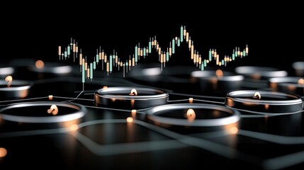 A vibrant green stock market chart features candlestick and bar graphs on a dark background, ideal for woven tapestry design
