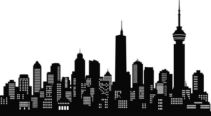 Fototapeta premium Generic City Skyline Silhouette Featuring Modern Skyscrapers and High Tower for Black and White Flat Vector Illustration Urban Architecture Design Projects
