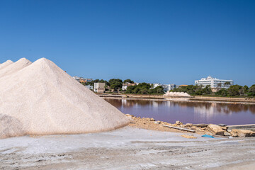 Salinas de Savall , mountains of salt collected for use and marketing, 4th century BC salt mine, Colonia de Sant Jordi, Ses Salines, Mallorca, Balearic Islands, Spain