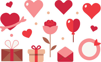 A collection of cute valentine's day icons featuring hearts, gifts, and love elements in flat design