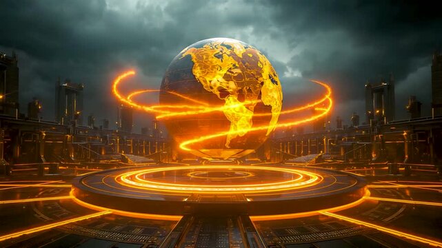 Glowing golden Earth globe encircled by swirling orange energy rings above futuristic city platform under stormy sky