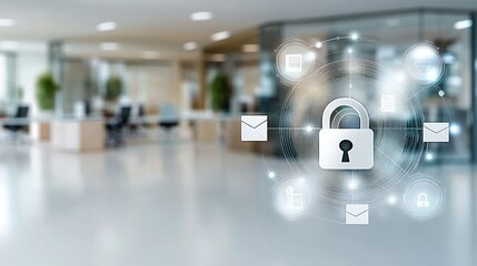 A digital padlock sits on top of envelopes, representing key security measures in a blurred office backdrop that emphasizes data protection