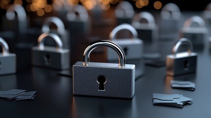 A digital padlock sits on top of envelopes, representing key security measures in a blurred office backdrop that emphasizes data protection