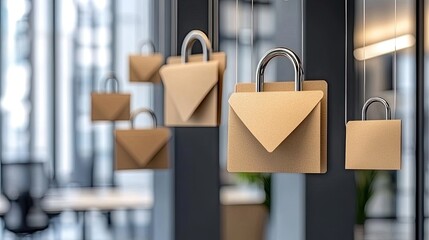 A digital padlock sits on top of envelopes, representing key security measures in a blurred office backdrop that emphasizes data protection
