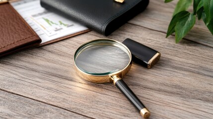 Detailed financial graphs and charts are examined closely with a magnifying glass to uncover data trends in a professional environment