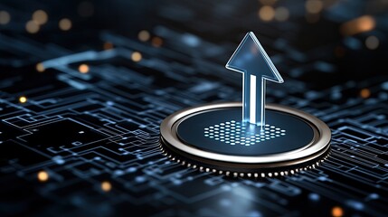 An abstract background features a blue arrow and an upward stock market graph, symbolizing technological advancements in finance
