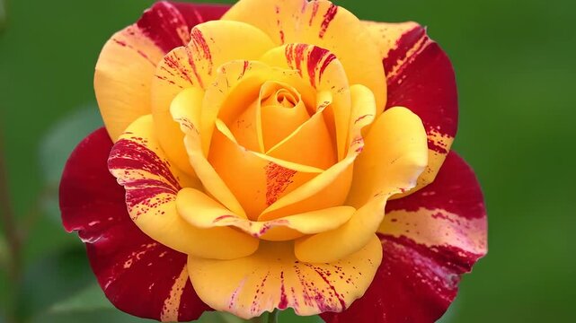 Closeup of a vibrant yellow and red striped rose in full bloom showcasing its unique petal patterns and rich colors against a soft green background.