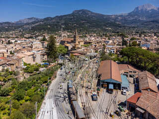 S&oacute;ller train station with the train arriving to the town, S&oacute;ller, Natural area of the Serra de Tramuntana., Mallorca, Balearic Islands, Spain