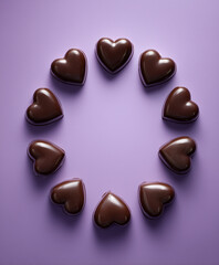 Heart Shaped Dark Chocolate Pralines Arranged in Circle on Purple Surface