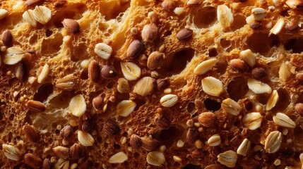 Close-up of multigrain bread texture featuring seeds and grains for culinary art design