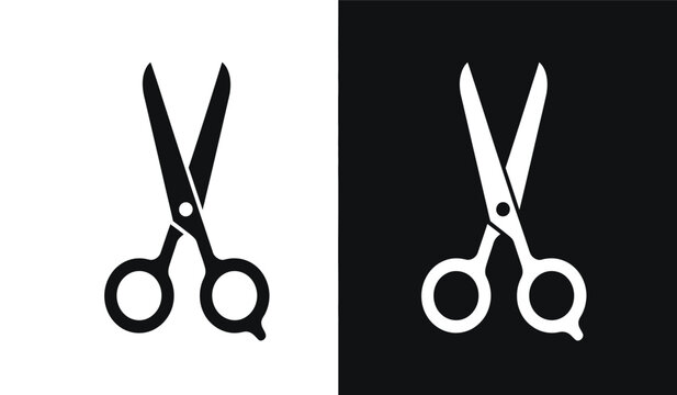 Black and white scissors icons on isolated backgrounds for cutting tools