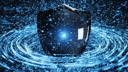 Dynamic digital shield protecting sensitive data within a swirling vortex of blue technological particles symbolizing robust cybersecurity network defense and advanced information protection in a fut. - Powered by Adobe