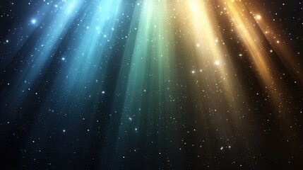 Witness a mesmerizing array of blue and green light rays creating a sense of motion in a starry background, evoking excitement and adventure