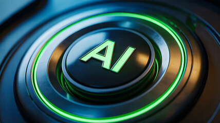 Futuristic glowing AI button with neon blue and green lighting on dark background symbolizing artificial intelligence