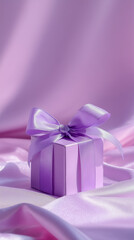 Elegant Purple Gift Box with Silk Ribbon on Satin Fabric