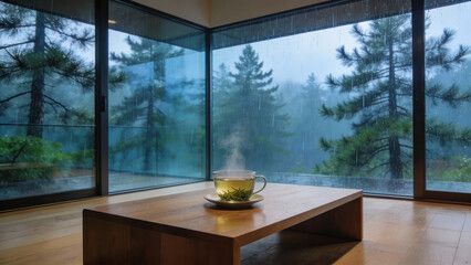 Cozy tea cup steaming against a rainy forest backdrop  