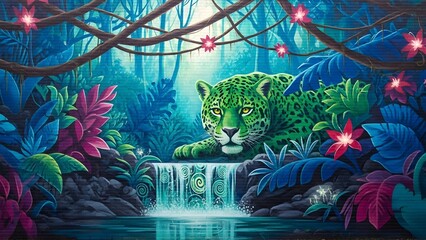 Mystical green jaguar in a lush jungle waterfall oasis