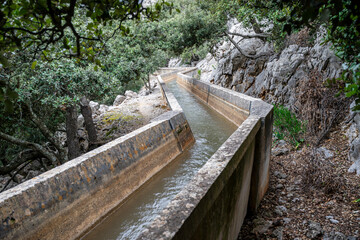 water channel between the Gork Blau Reservoir and the C&uacute;ber Reservoir, municipality of Escorca, Natural area of the Serra de Tramuntana., Majorca,  Spain