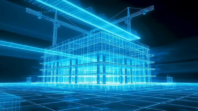 Futuristic wireframe building construction with glowing blue holographic lines and cranes in dark digital space