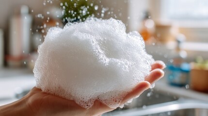 Fresh cleanliness concept with soap bubbles in hand for hygiene and wellbeing