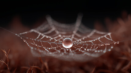 Spider web with water droplets and large dewdrop in center on brown background, natural macro photography and morning moisture concept