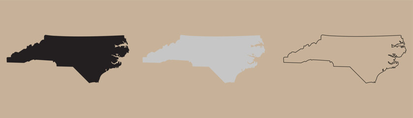 North Carolina State Map. North Carolina state outline in three colors showing black, gray, and white representations Vector Illustration