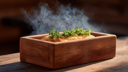 Steaming chicken breast with fresh thyme herbs in wooden square bowl, hot cooked meal preparation and healthy dining concept