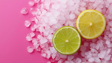 Fresh lime and lemon on ice against vibrant pink background