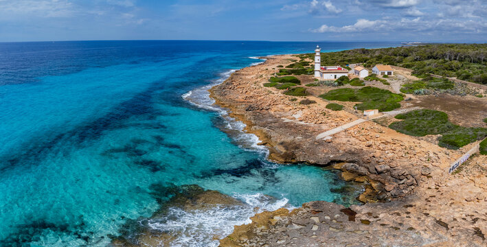Punta de la Salinas lighthouse and the area of ​​influence of the Cabrera National Park, Cap de Ses Salines, Santanyi, Mallorca, Balearic Islands, Spain