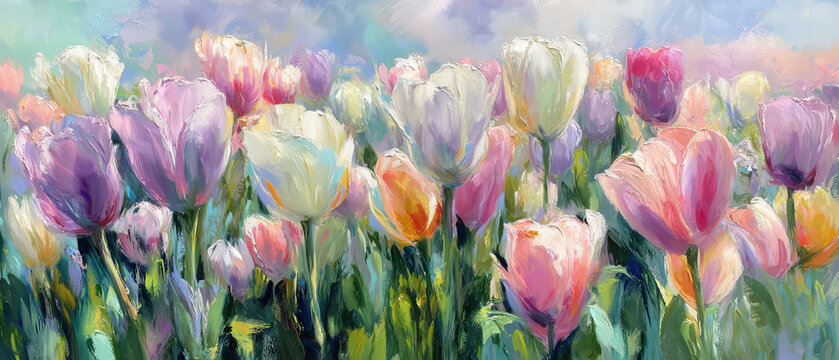 Fondo abstracto art&iacute;stico decorativo,  de una pintura al &oacute;leo de un campo de tulipanes en tonos rosas pastel, amarillos, verdes y p&uacute;rpuras