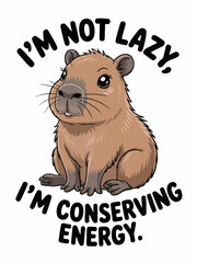 A cartoon capybara  the text 'I'm not lazy, I'm conserving energy.'