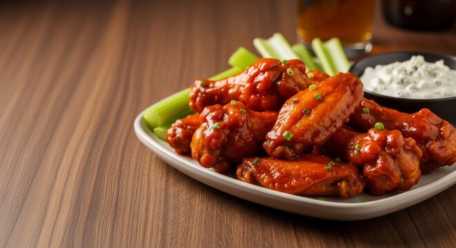 Delicious classic buffalo wings served with crisp celery and creamy blue cheese dip, an ultimate game day food concept.