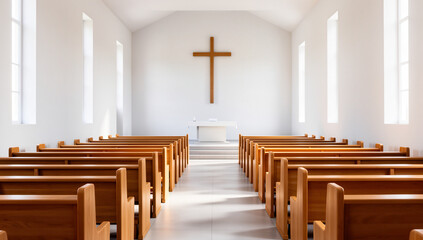 Modern church interior with wooden pews and cross  