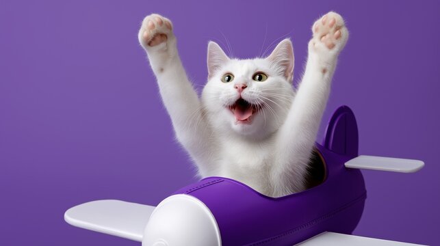 Playful white cat in purple toy plane with excited expression on purple background