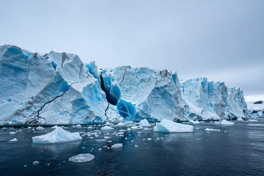 Cracking ice hourglass collapsing into ocean. Concept of melting glaciers, time running out, and climate urgency.