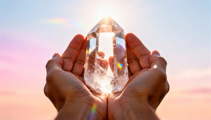 Hands holding a crystal glowing in sunlight against a colorful sky  
