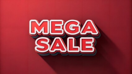 bold red 3D sticker text "MEGA SALE", thick rounded letters, glossy plastic effect, strong white outline, dramatic shadow

